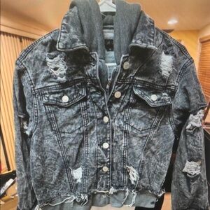 Distressed Black Acid-Wash Denim Jacket with Hood
